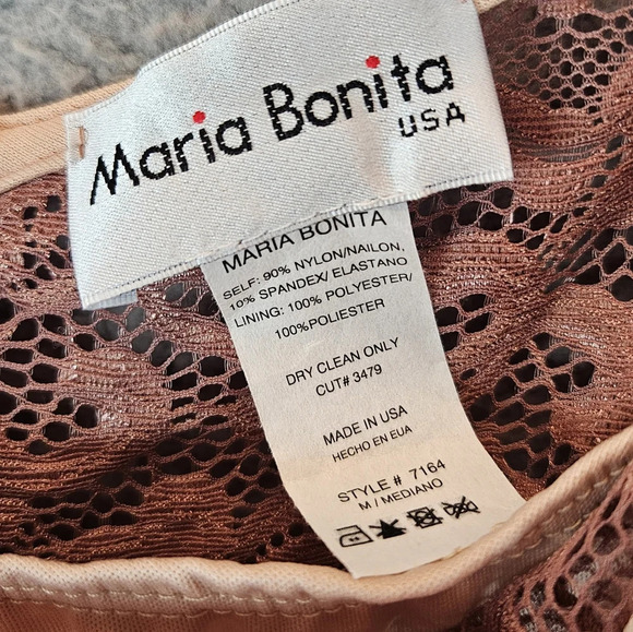 Maria Bonita Womens Lace Overlay Evening Dress Sz M Sand Color Stretch Body hug - Picture 6 of 12